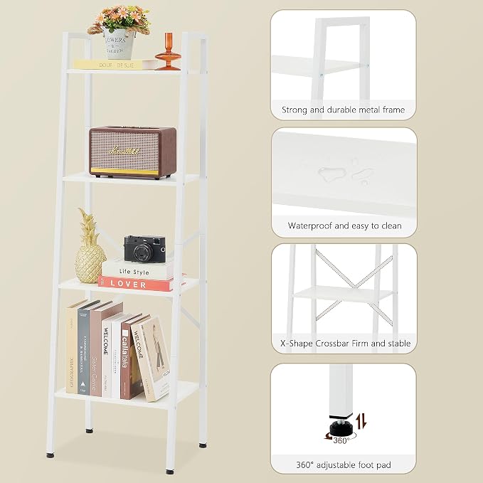Hoctieon 4-Tier Industrial Ladder Bookshelf, Narrow Ladder Shelf, Tall Standing Bookshelf, Skinny Open Ladder Shelf, for Living Room, Home Office, Kitchen, Bedroom, Metal Frame, White