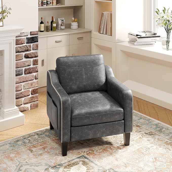 MALOL PU Leather Accent Chair, Mid-Century Modern Living Room Armchair Sofa with Removable Cushions, Solid Wood Frame & Stitched Armrest Design, Bedroom Chair with Plastic Legs, Black