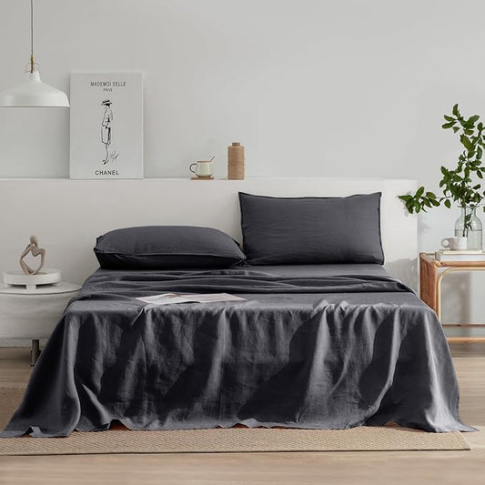 EVERLY Linen Twin Sheets Set, 100% Stonewashed French Linen Bed Sheets Deep Pocket Sheets, 3 Pieces (1 Flat Sheet, 1 Fitted Sheet, 1 Pillowcase) Natural Flax Bedding Set, Dark Grey
