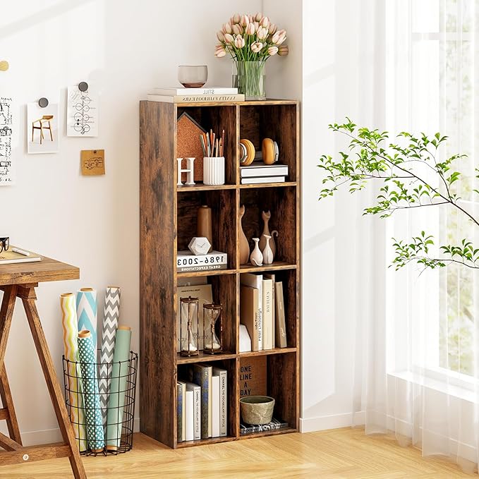 DREAMADE 8 Cube Storage Organizer, 2 Tier Multipurpose Display Shelf w/Open Storage & 2 Anti-Tipping Kits, 8-Cube Wooden Bookcase for Living Room, Bedroom, Study, Home, Office (Brown)