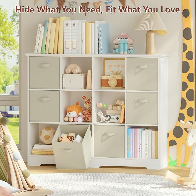 VORONOI 12 Cube Storage Organizer with 6 Fabric Drawers and Removable Shelves — Modular Cube Bookshelf for Bedroom, Living Room, or Home Office, Short Cube Bookcase for Toys, Decor,White