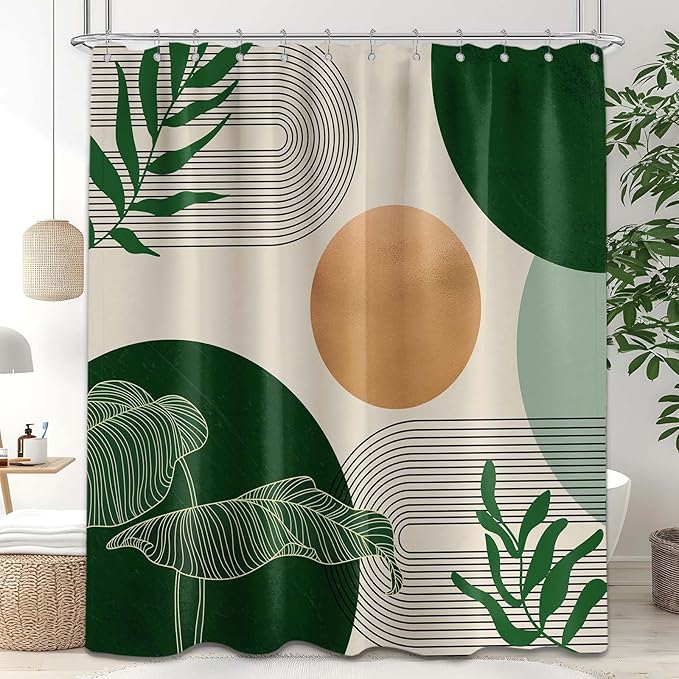 Dark Green Shower Curtain Olive Green Emerald Mid Century Modern Shower Curtains for Bathroom Decor Boho MCM Neutral Bath Curtain Set, Waterproof Fabric with Hooks 70 x 72 Inch