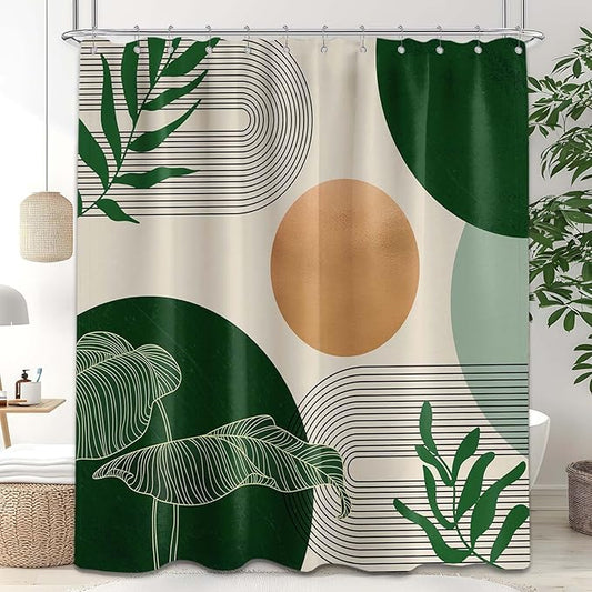 Dark Green Shower Curtain Olive Green Emerald Mid Century Modern Shower Curtains for Bathroom Decor Boho MCM Neutral Bath Curtain Set, Waterproof Fabric with Hooks 70 x 72 Inch