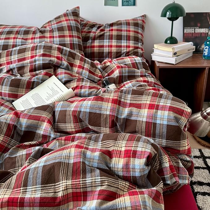 VM VOUGEMARKET Buffalo Gingham Duvet Cover Set Queen,3 Pieces Washed Cotton Bedding Set,Breathable Luxury Plaid Duvet Cover with Zipper Closure for Girls (Red&Brown)