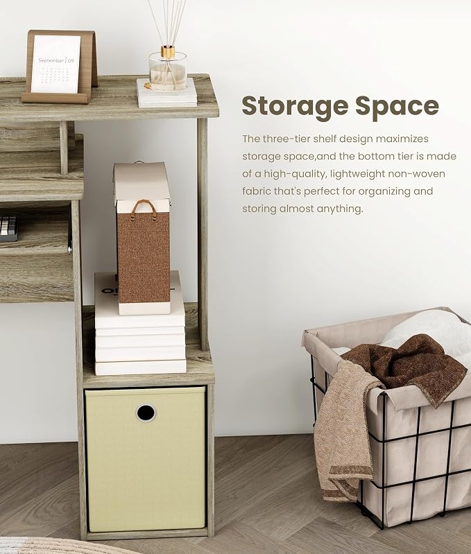 Small Computer Desk with Drawer, Writing Desk with Storage Shelves for Home Office Bedroom, Oak/Ivory