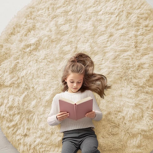OLANLY Cream Round Rugs for Bedroom - Machine Washable, 6 ft Circle Area Rugs for Living Room, Soft and Fluffy Shaggy Carpet for Teen Girl and Boys, Nursery Rooms, Dorms, Home Decor Aesthetic