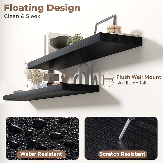 Floating Shelves for Wall with Invisible Brackets, Wall Mounted Engineered Wood Shelves with Wood Grain for Living Room, Bedroom, Bathroom, Kitchen Decor and Storage, Oak, 48"L Set of 2, Black