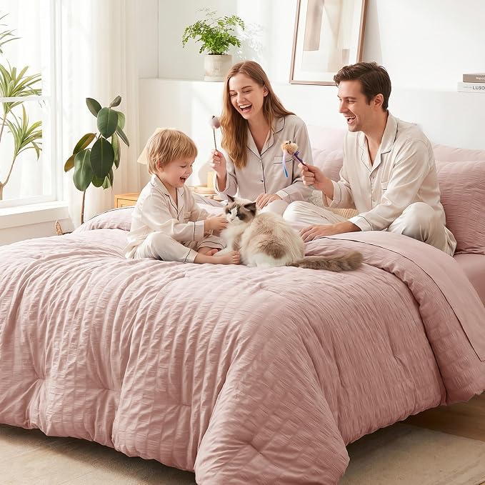 CozyLux Queen Comforter Set Rose Gold, 7 Pieces Seersucker Textured Luxury Bed in a Bag Queen, Dusty Pink All Season Bedding Set with Down Alternative Comforter, Sheets, Pillowcases & Shams, Home Gift