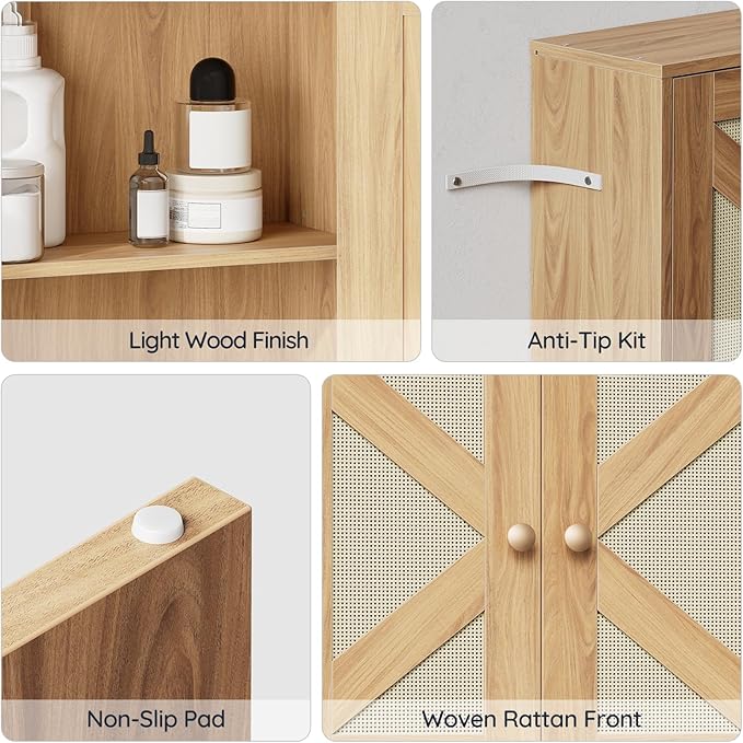 HOOBRO Over The Toilet Storage Cabinet with Rattan-Style Doors, Farmhouse Bathroom Over Toilet Organizer, Bathroom Storage Shelf, Adjustable Shelves, Laundry Room, Natural NL23TS01