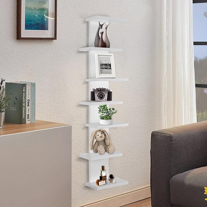 VIWODS 7 Tier Wall Shelf Unit-White Floating Shelves for Home Decor, Modern Unique Asymmetric Design for Bedroom & Living Room Storage