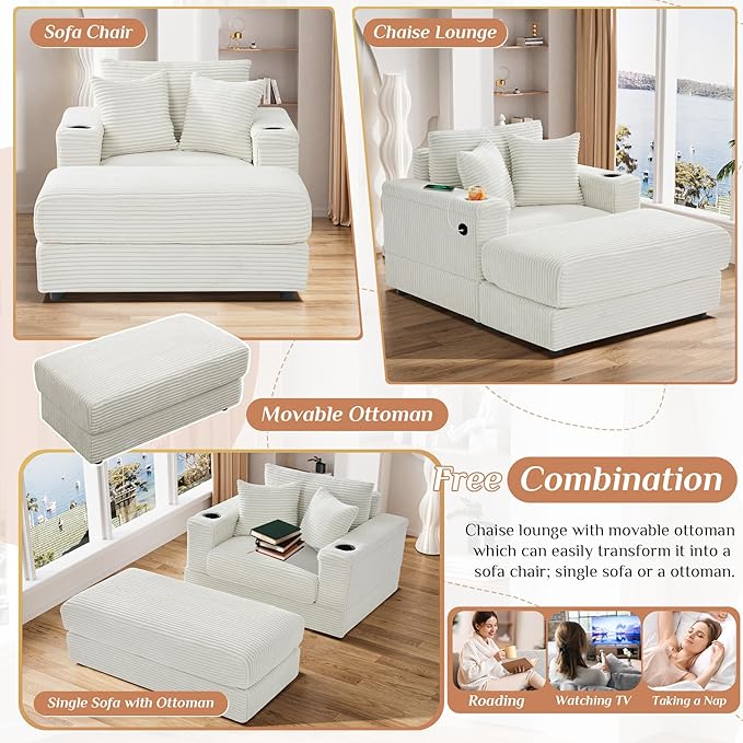 Oversized Chaise Lounge Chair Indoor with USB, Cup Holder & Ottoman, Firm Solid Wood Frame with Long Service Life Corduroy Oversized Lounge Reading Chair for Study Room - Beige White