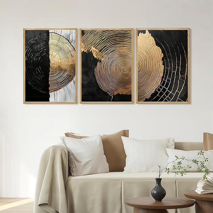 3Pcs Minimalist Abstract Black Golden Wall Art Vintage Tree Ring Wall Decor Pictures Modern Rustic Canvas Posters Prints for Living Room Office Hallway Home Decoration 12x16in Unframed