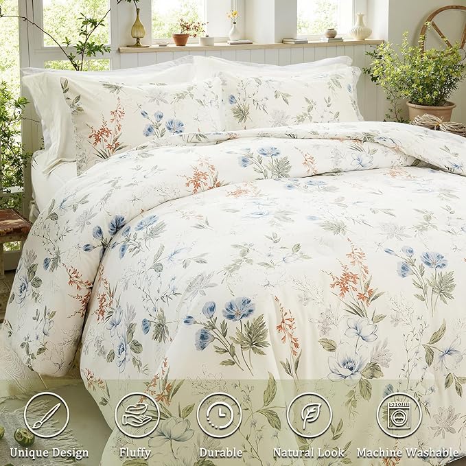 Floral Duvet Cover Full Size 100% Cotton Reversible Duvet Cover Set with Zipper Closure 3 Pieces Soft & Breathable Green Garden Floral Comforter Cover Sets