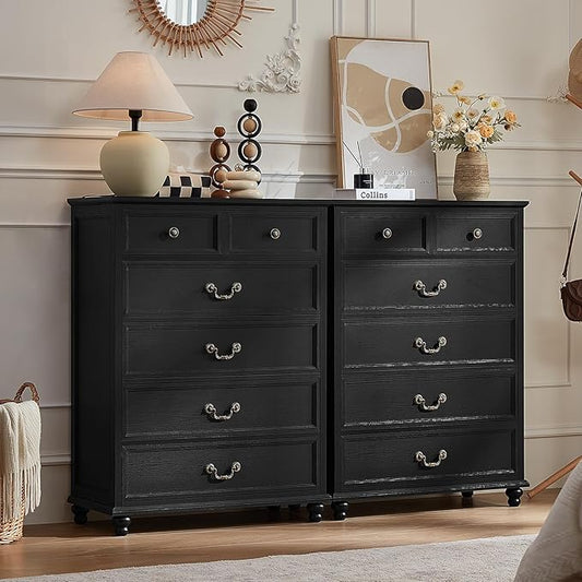 Farmhouse 6 Drawer Dresser Set of 2 for Bedroom, 42" Tall Rustic Chests of Drawers w/ 4 Solid Wood Feet, Mid Century Vintage Wooden Closet Storage Dressers Organizer for Living Room,Black