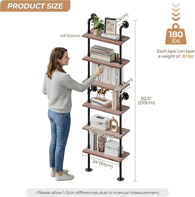 Industrial Ladder Pipe Shelves, Wall Mounted Rustic Bookshelf, Retro Metal Wood Bookcases (Weathered Brown, 6 Tier - 10" D x 24" W x 82.5" H)