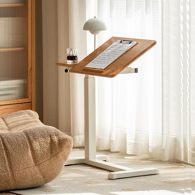 Height Adjustable Bedside Desk, 100% Solid Wood Overbed Table with Wheels, Rolling Laptop Table for Home, Office, Study, Bedroom