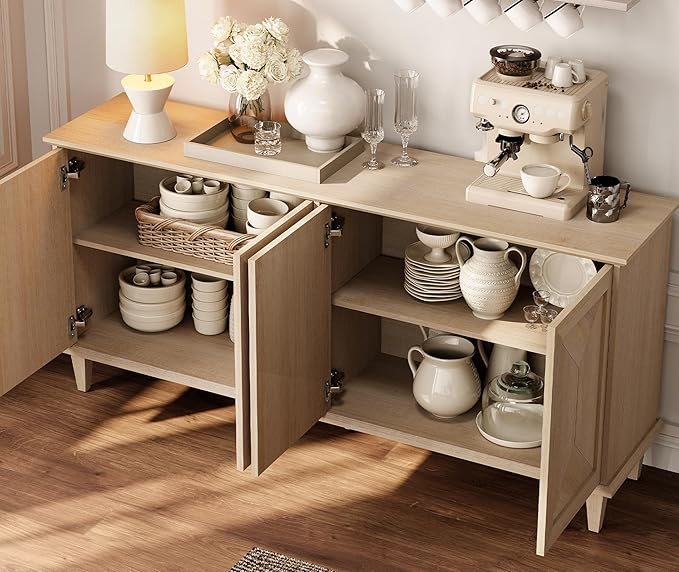 WAMPAT 65-inch Handcrafted Patchwork Decorative Buffet Cabinet with Pop-Up Design Doors,Full Unit Modern Farmhouse Accent Credenza for Coffee Bar, Kitchen, and Living Room, Light Oak