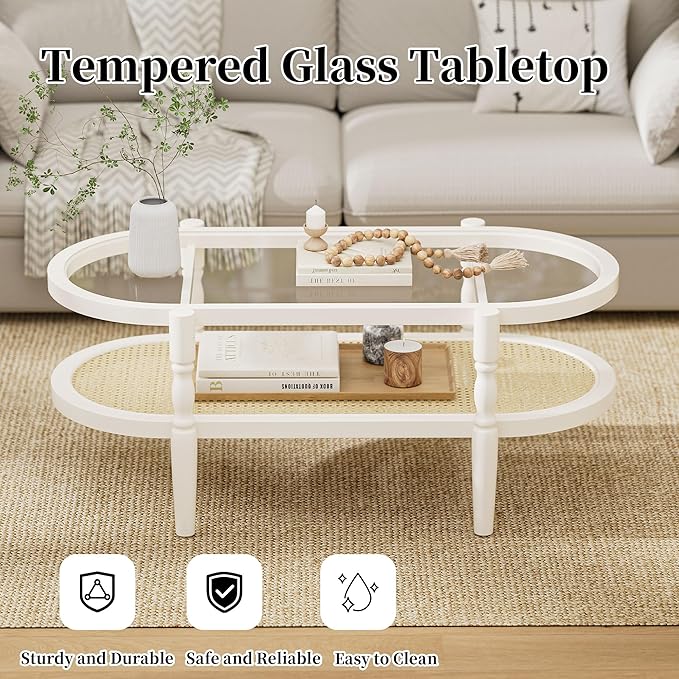 Rattan Coffee Table, Oval Cocktail Table with Glass Top and Solid Wood Frame, Boho Indoor & Outdoor Coffee Table, White, 40 in