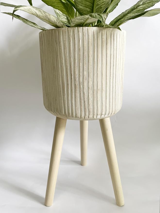 RISEON Handmade Mid Century Modern Wood Planter, Rustic Indoor Flower Pot Plant Stand,Large Floor Planter (Large B)