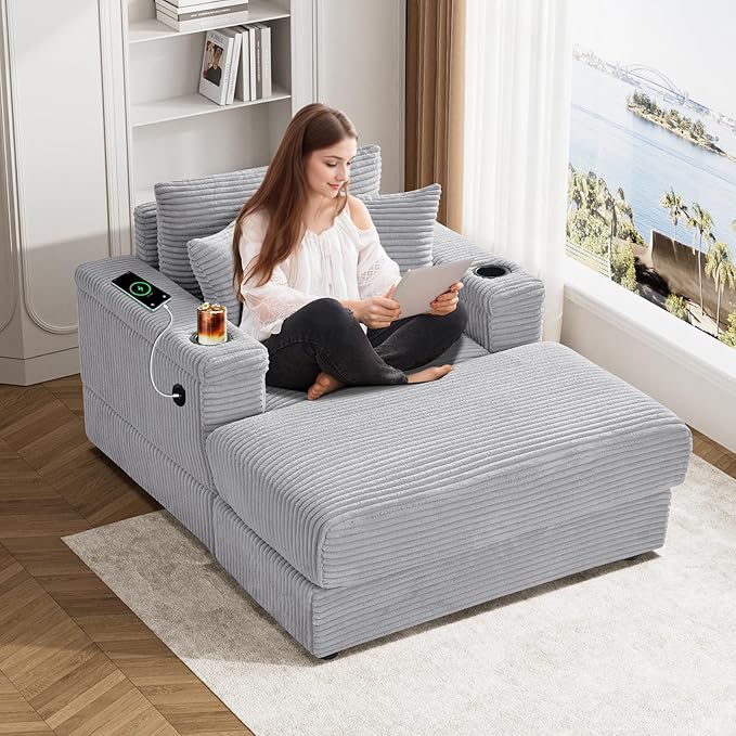 Oversized Chaise Lounge Chair Indoor with USB, Cup Holder & Ottoman, Firm Solid Wood Frame with Long Service Life Corduroy Oversized Lounge Reading Chair for Study Room - Grey