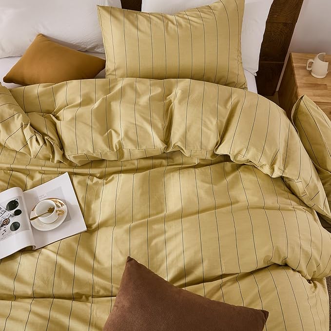 Merryword Yellow Striped Duvet Cover Set Queen Size, Natural Cotton Bedding Set with Zipper Closure & 8 Corner Ties, Soft Breathable Luxury Linen Like Bedding for All Seasons
