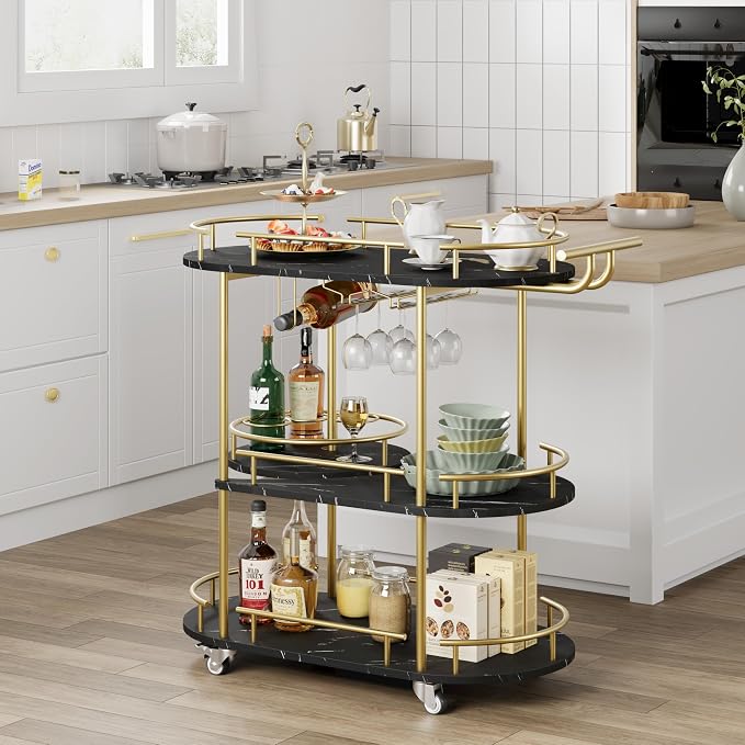 Modern 3-Tier Gold Bar Cart with Black Marble Panel – Mobile Serving Cart with Wine Rack & Glass Holder, Storage Shelves for Kitchen, Dining, Living Room – Gold Paint + Black Marble Panel