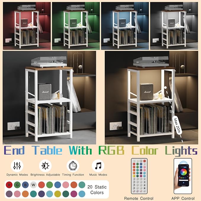 YAKANJ End Table with LED Light,Record Player Stand with Albums Storage,Vinyl Records Storage,Turntable Stand Side Table for Music Room Studio Living Room Bedroom-White