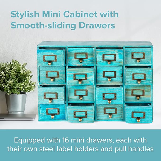 Teal 16-Slot Wooden Drawer Unit - Country Style Desk Organizer Box - 20"x3.6”x14” Wooden Storage Box w/ 16 Drawers - Countertop Drawers w/Label Holder & Handle - Slim 4-Level Desk Organizer