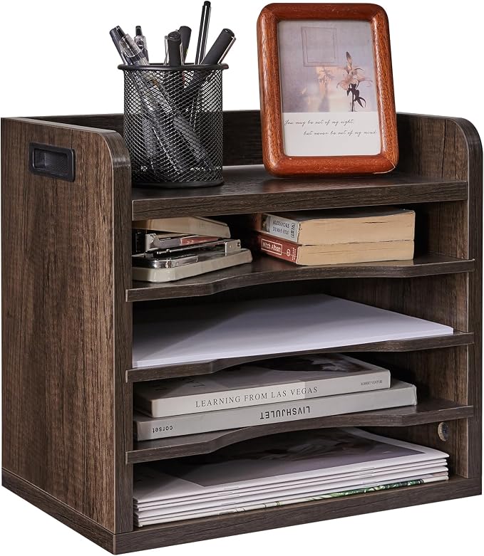 YMYNY Desktop File Organizer with Handle, Document Letter Mail Tray Sorter with 3 Adjustable Shelves, 5 Tiers Paper Holder for Home Office Desk, Black Gray,13.4 * 12.4 * 9.06" UHBC006G