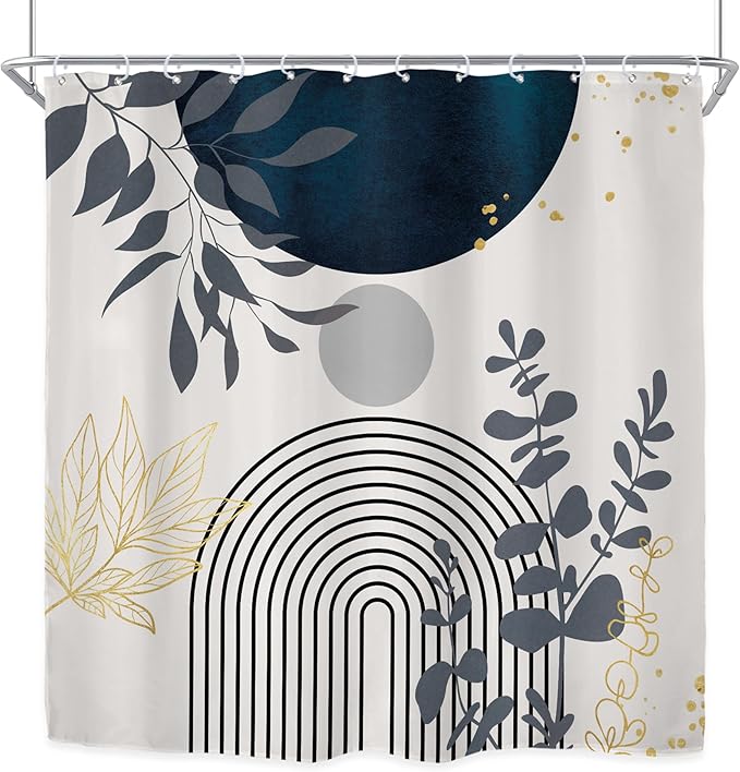 Riyidecor Boho Navy Blue Mid Century Shower Curtain,Modern Abstract Gold Leaves Fabric Cloth Bathroom Curtains,Minimalist Geometric Tropical Neutral Arch Sun Bathroom Decor Set with Hooks 72x72 Inch