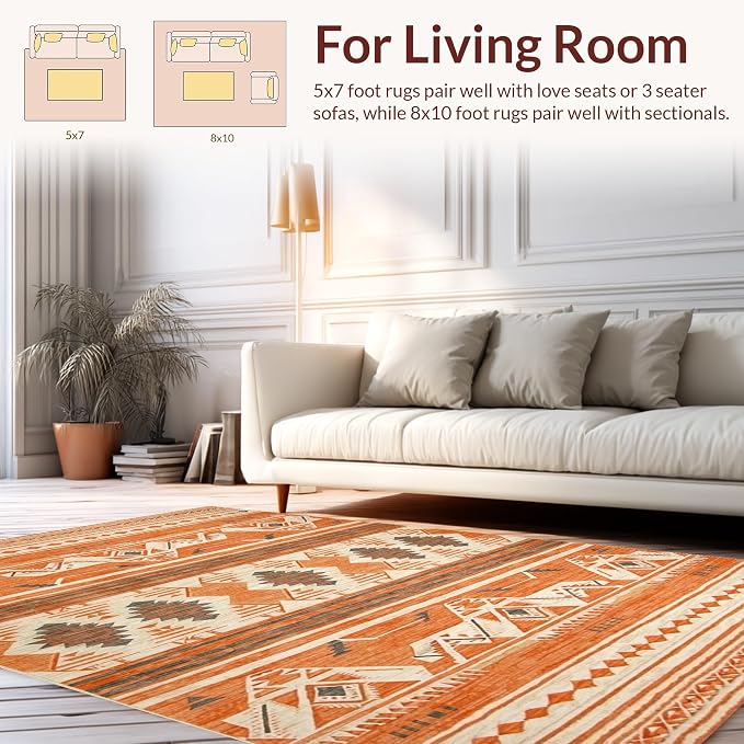 Flatwoven High Traffic Area Rug 4x6, Southwestern Inspired Rug Featuring Bold Aztec Diamond, Non Slip, Stain Resistant, Washable Area Rugs for Living Room, Bedroom (Orange, 4x6)