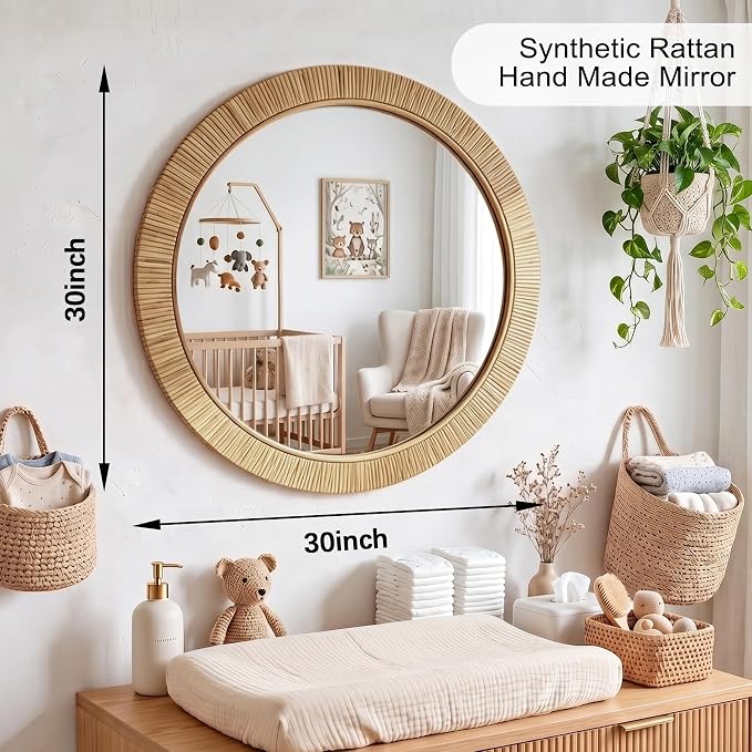 30"x30" inch Large Round Rattan Mirror for Wall, Boho Decorative Wicker Mirror Waterproof Synthetic Rattan Frame, for Bathroom, Bedroom, Living Room, Entryway
