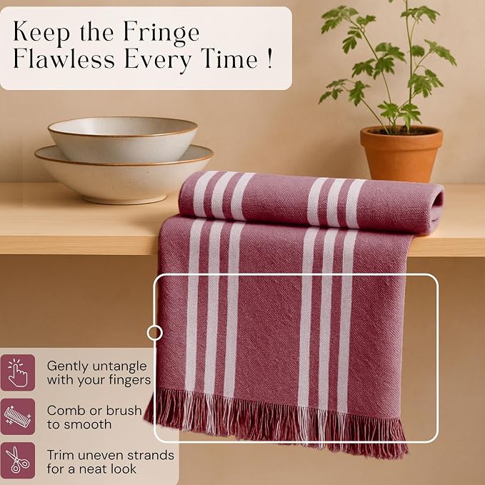 Prewashed Stripe Dish Towels 12 Pack, 16x26 Inches, Absorbent Hand Towels for Kitchen Use, Quick Dry Cloths for Cleaning, Durable Washable Rags, Reusable Dishcloth Set - Burgundy Wine
