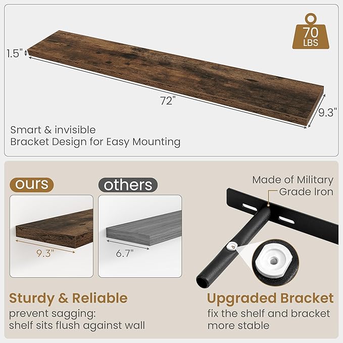 72"W x 9.3"D Floating Shelves for Wall, Wall Mounted Bathroom Shelves 1 Pack Deep Floating Shelf for Bedroom Kitchen Living Room, Rustic Wooden Wall Shelf with Invisible Bracket for Books Decor