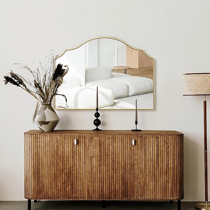 Besdomus Gold Scalloped Mirror for Dresser: 35"x26" Modern Wooden Mantel Mirror - Minimalist Decorative Wall for Vanity/Bedroom/Fireplace/Entryway - Ideal for 20-44 Age Fashion Women