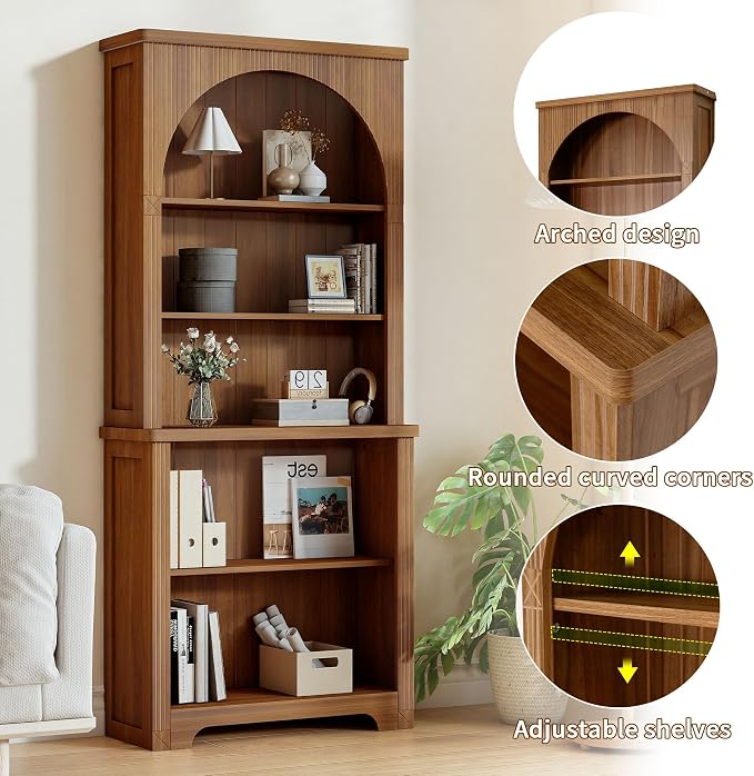 Janmer Home 71'' Tall Arched Bookshelf, Mid Century Modern Curved Bookcase with 5-Tier Storage Shelves, Freestanding Open Display Shelf for Home Office, Living Room (Walnut, 71inch-1PC)
