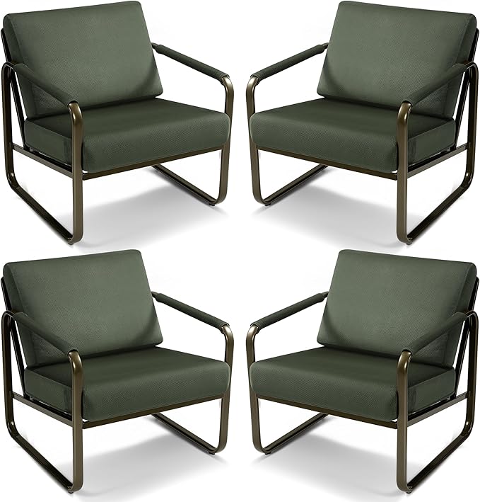 PrimeZone Mid-Century Modern Accent Chair Set of 4 - Comfy Fabric Living Room Chair, Lounge Armchair with Extra Soft Padded & Cushion, Ergonomic Accent Chair for Bedroom Office, Dark Green