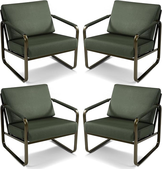 PrimeZone Mid-Century Modern Accent Chair Set of 4 - Comfy Fabric Living Room Chair, Lounge Armchair with Extra Soft Padded & Cushion, Ergonomic Accent Chair for Bedroom Office, Dark Green