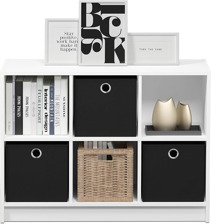 Furinno Basic 3x2 Cube Storage Bookcase Organizer with Bins, White/Black