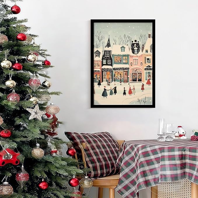 Framed Winter Street Scene Canvas Wall Art Retro Painting Print Poster Picture Gallery Wall Decor Living Room Bedroom Dining room 12X16 Inch Ready to Hang