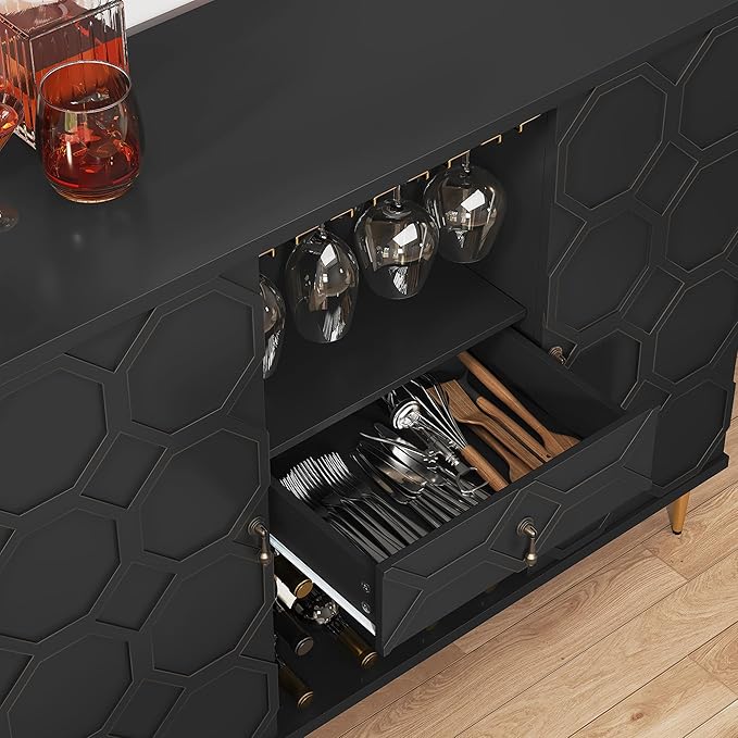 Modern Bar Cabinet with Drawer, Liquor Cabinet with Wine Glass Racks and Shelves, Geometric Door Buffet Sideboard for Dining Room, Living Room, Kitchen, Black