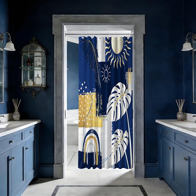 Small Stall Narrow Shower Curtain Blue and White Stand Up Abstract Navy Blue and Gold Boho Shower Curtains for Rv Camper Bathroom Decor Sets, Waterproof Cloth Fabric with Hooks, 48 x 72 Inch