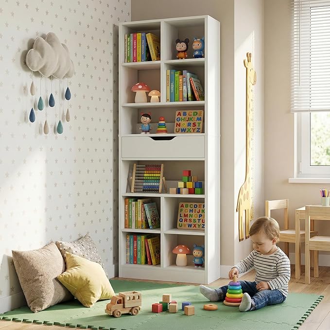 Armocity 8-Tier Tall Bookshelf with Drawer, 73.6" Narrow Freestanding Bookcase, Space-Saving Wood Display Shelves Storage for Living Room, Home Office Bedroom, White