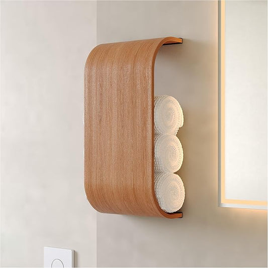 Bathroom Towel Holder, Toilet Paper Holder, Wooden Shelf, Walnut WC Roll Storage, Wall Mount Floating Rolls Rack, Unique Holders for Bathroom, TP Organizer (Cherry, Wide)