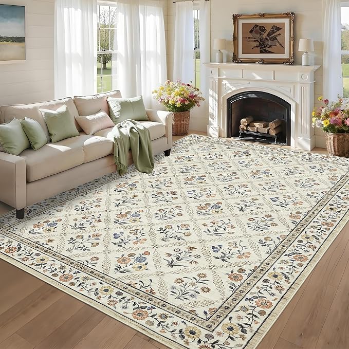 GarveeHome 6x9 Machine Washable Area Rugs for Living Room Floral Stain Resistant Soft Carpet Vintage Low Pile Non Slip Non-Shedding Floor Carpet Rugs for Bedroom Nursery Beige