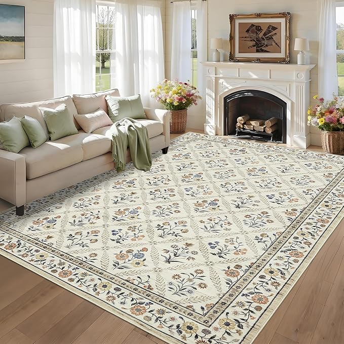 GarveeHome Large Area Rugs 10x13 Washable Rug for Spring Farmhouse Floral Carpet Beige Sand Soft Non Slip Low Pile Faux Wool Stain Resistant for Bedroom Kitchen Bathroom Laundry