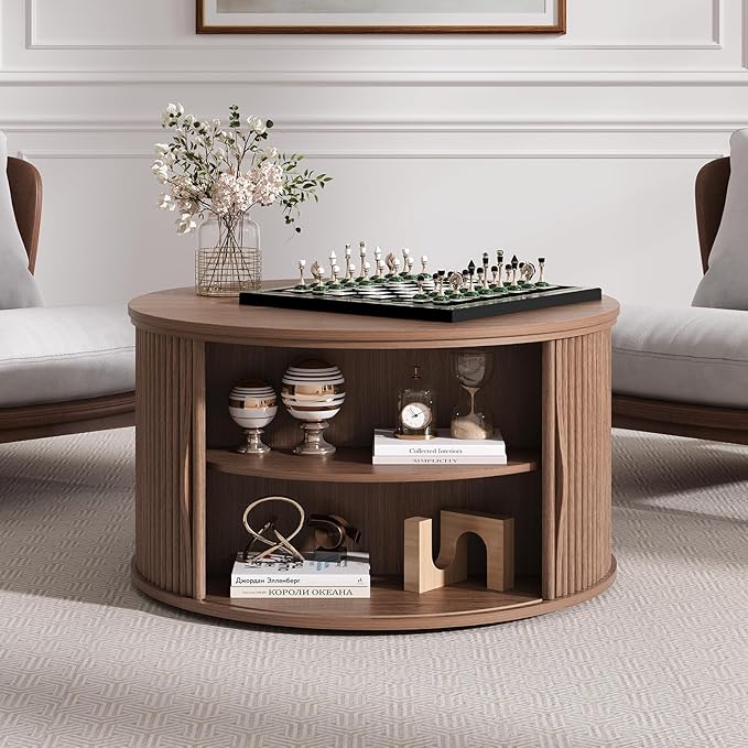 31.5" Round Lift Top Coffee Table with Hidden Storage, Mid Century Modern Walnut Drum Coffee Table for Living Room, Wood Fluted Design Center Table for Small Apartment & WFH