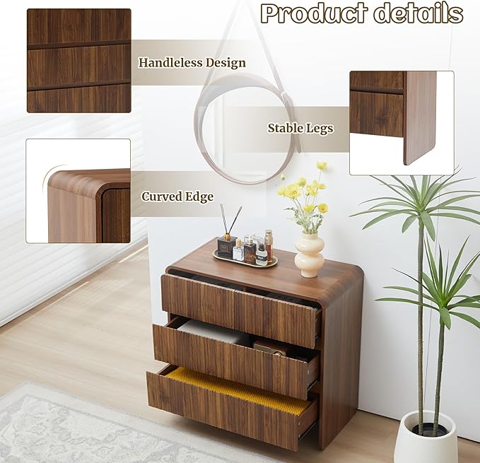 Fluted 3 Drawer Dresser for Bedroom,Mid Century Modern Wide Chest of Drawer,Curved Edge Wood Closet Dresser Nightstand for Bedroom Living Room Hallways (Walnut, Wide 3 Drawer)