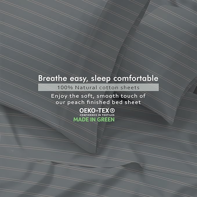 RUVANTI 100% Cotton Percale Sheets Split King Size 7 Piece Set, Cooling Bed Sheets for Hot Sleepers, Deep Pocket 16”, Breathable Lightweight & Durable, Crisp Hotel Style Sheets, Horizon Stripes