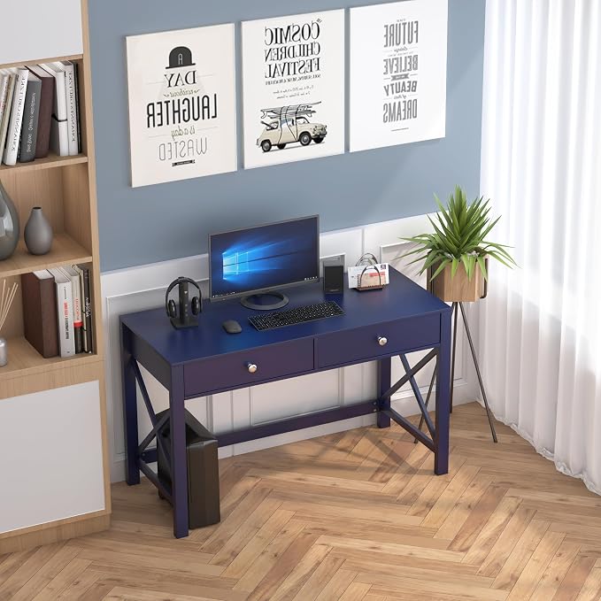 WiberWi Home Office Desk with Drawers, Modern Writing Computer Desk for Bedroom, Small Makeup Vanity Table Study Table for Home Office,Navy